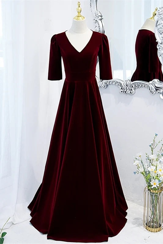 Formal Wear Dresses Burgundy Velvet A-line V Neck Long Evening Dress Short Sleeves Prom Dress Stores With Prom Dresses